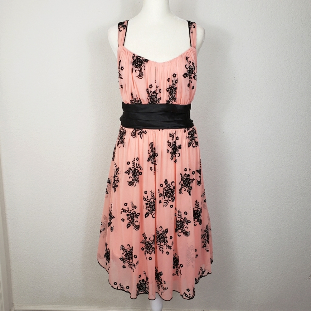 Trixxi peach black floral fit and flare bow dress plus size 1X